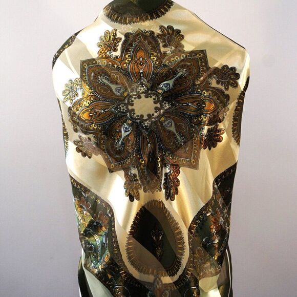 Fashion BanDo Womens Scarf Geometric Floral 40 x 40 Square Green Brown - Picture 10 of 11